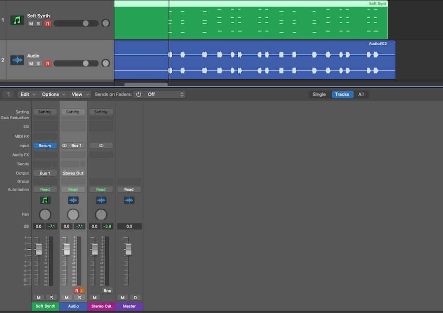 A screenshot of Logic Pro X showing a virtual instrument synth being recorded onto an audio track.