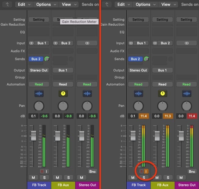 A dual-screenshot from Logic Pro X, where the left side has safety against internal feedback issues and the right side does not.